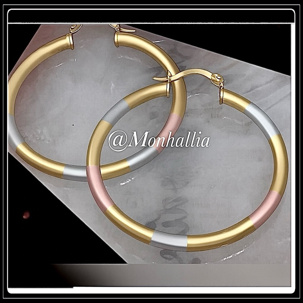 NEW GOLD TRI COLOR HOOP SILVER & PINK FOIL WRAP BEVELED HUGGIE  EARRINGS